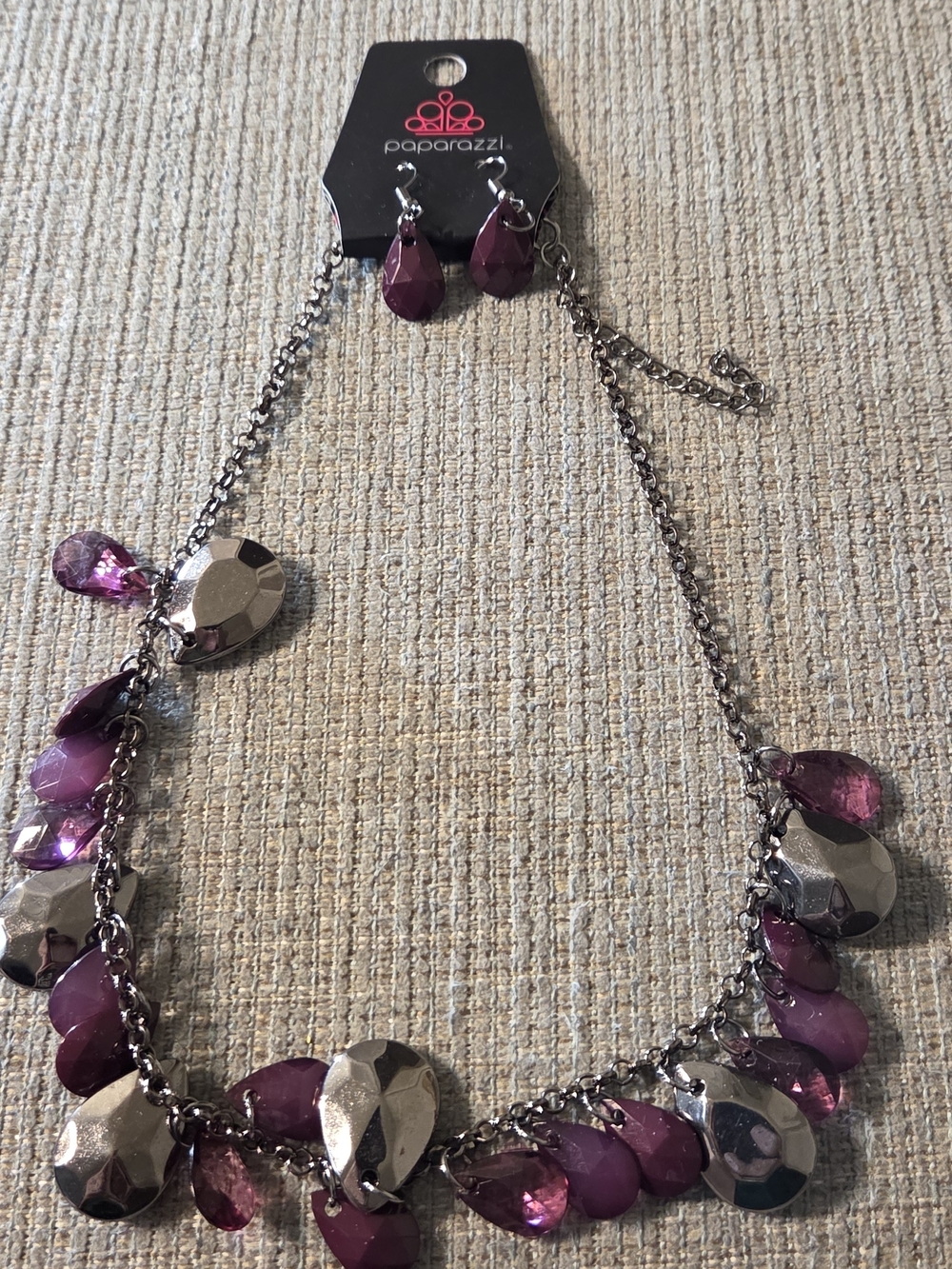 paparazzi Purple Teardrop and Silver Disc Necklace with Earrings